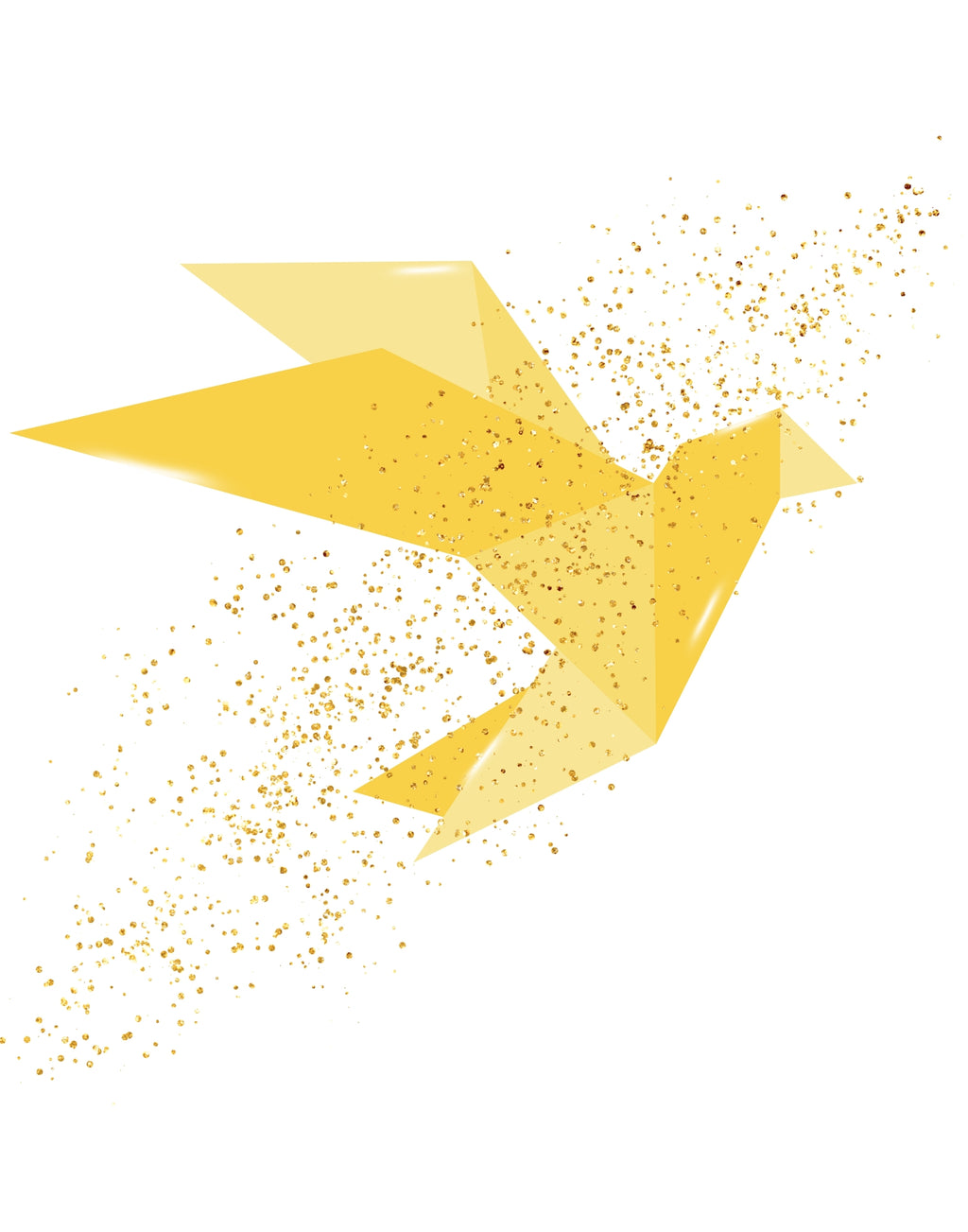 A stylized yellow geometric bird made of faceted polygon shapes, with scattered gold speckles trailing around it on a plain white background.
