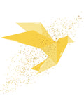 A stylized yellow geometric bird made of faceted polygon shapes, with scattered gold speckles trailing around it on a plain white background.