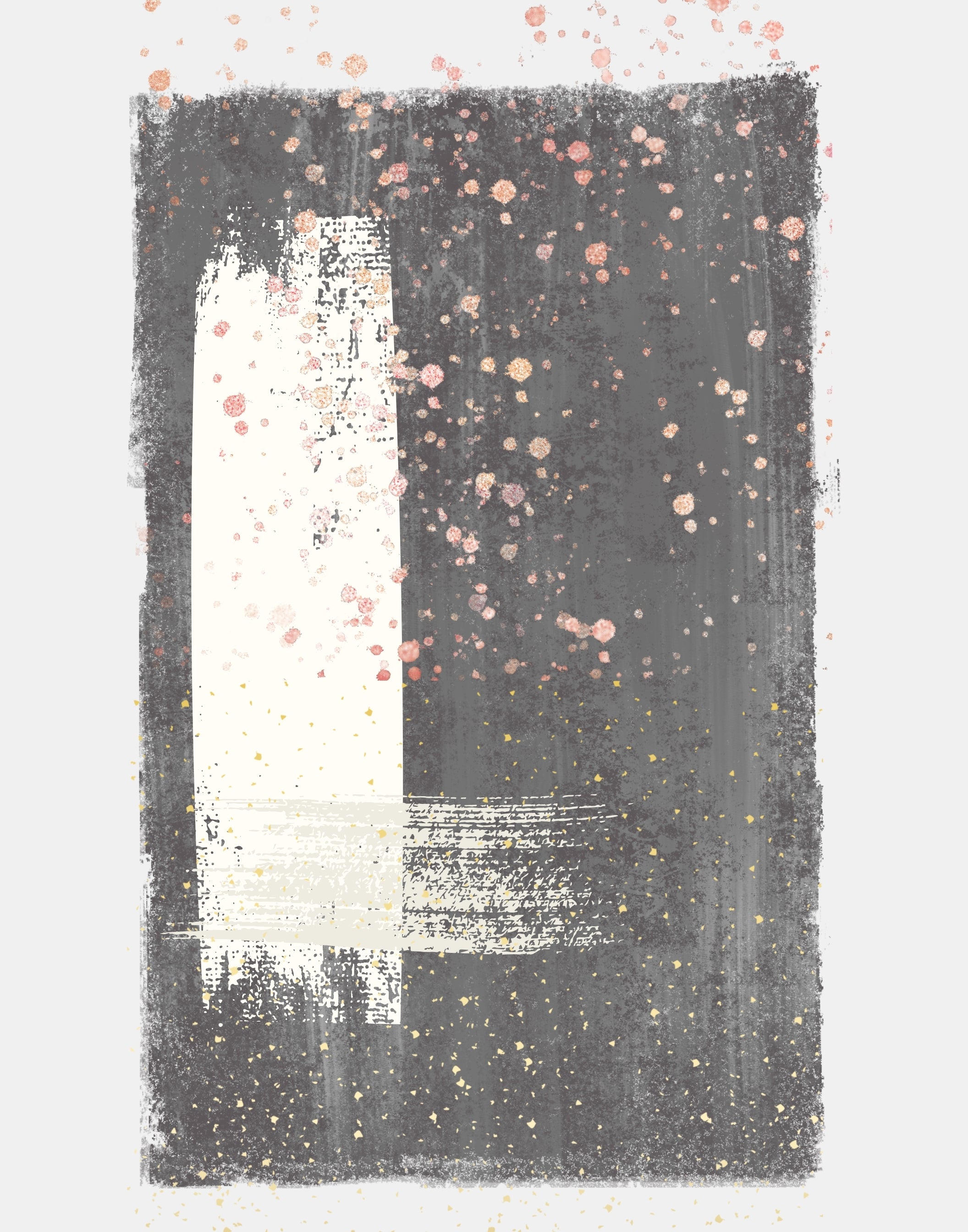 Abstract wall art print featuring a textured vertical composition with a dark charcoal gray background, a large off-white vertical block on the left, and scattered metallic-looking rose gold and gold speckles on a light gray background.