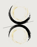 Abstract black and gold brushstroke circular design on a light gray background.