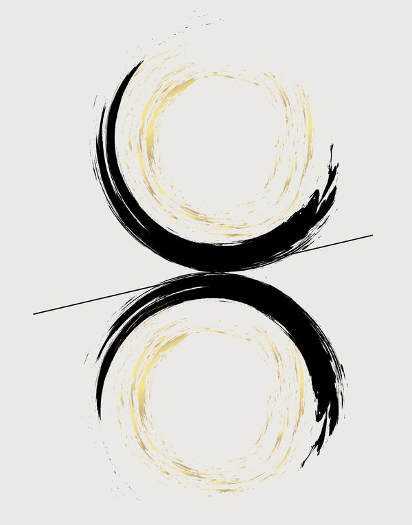 Abstract black and gold brushstroke circular design on a light gray background.