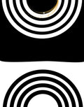 Black and white concentric circle pattern graphic, with a partial circular motif at the top and a full arch of rings at the bottom on a white background.