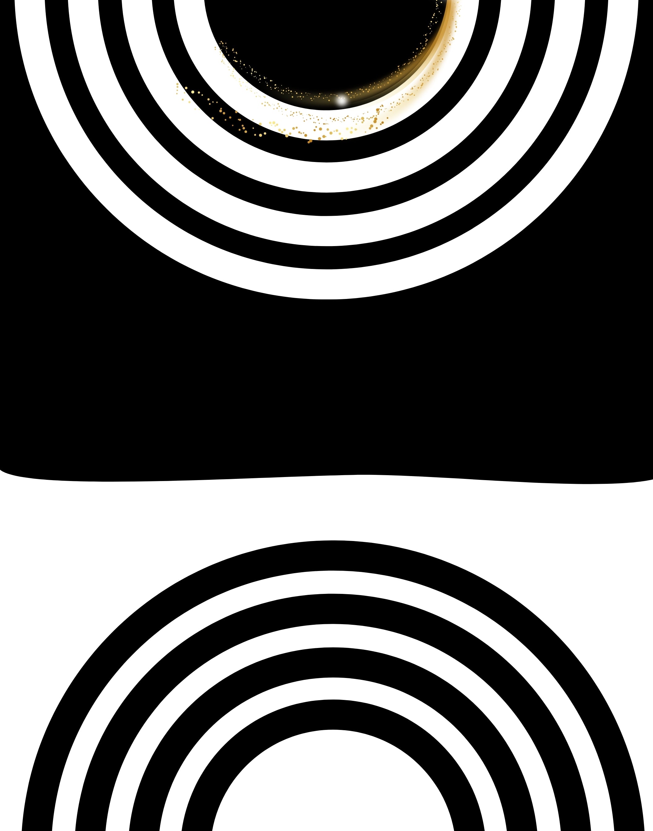 Black and white concentric circle pattern graphic, with a partial circular motif at the top and a full arch of rings at the bottom on a white background.