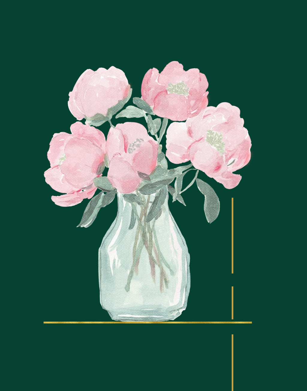 Watercolor-style illustration of pink peony flowers in a clear glass vase against a dark green background with thin gold horizontal and vertical line accents.