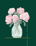 Watercolor-style illustration of pink peony flowers in a clear glass vase against a dark green background with thin gold horizontal and vertical line accents.
