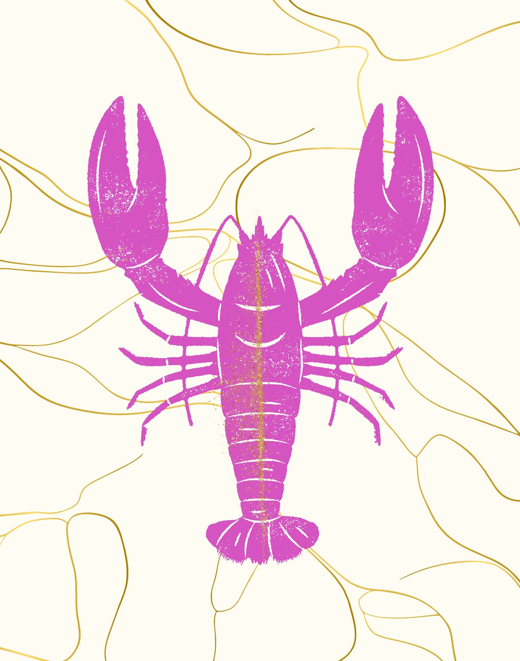 A stylized lobster illustration in bright pink with a gold vertical stripe down the center, set against a cream background with thin gold abstract line art.