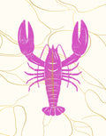 A stylized lobster illustration in bright pink with a gold vertical stripe down the center, set against a cream background with thin gold abstract line art.