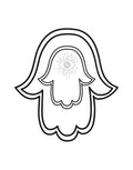 Black and white line art illustration of a hamsa hand with an eye of providence symbol in the center, set against a solid white background.