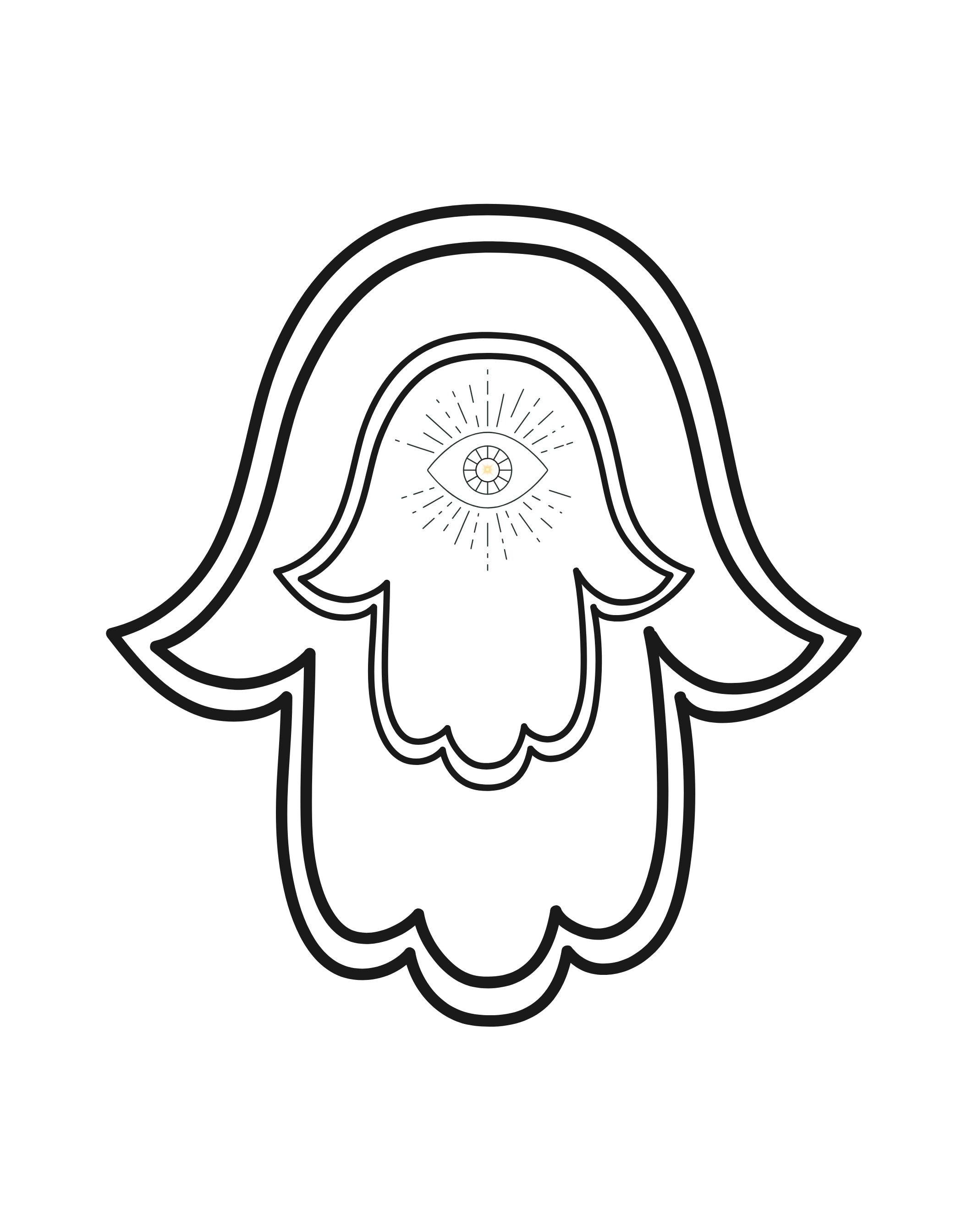 Black and white line art illustration of a hamsa hand with an eye of providence symbol in the center, set against a solid white background.