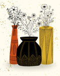 Illustrated floral arrangement with three patterned vases: an orange-red vase with black flowers, a black vase with gold lines and central sprigs, and a mustard-yellow vase with white daisies on a light cream background.
