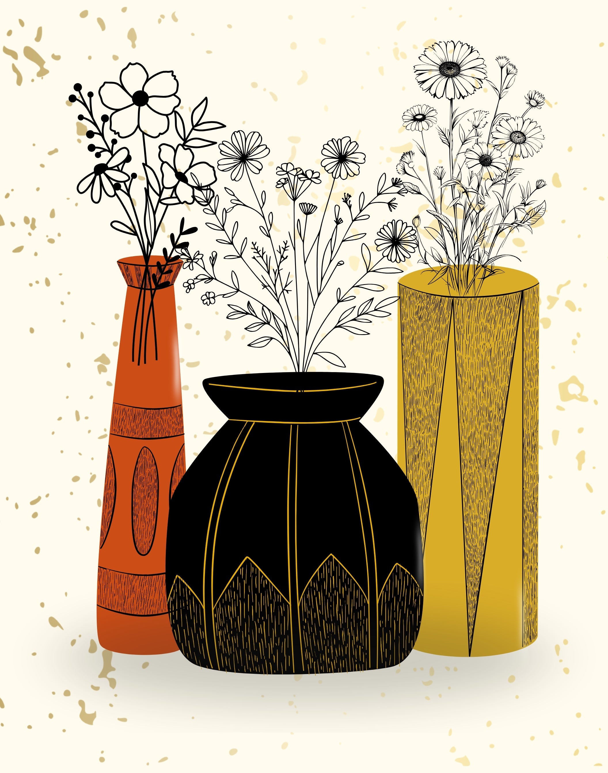 Illustrated floral arrangement with three patterned vases: an orange-red vase with black flowers, a black vase with gold lines and central sprigs, and a mustard-yellow vase with white daisies on a light cream background.