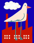 A stylized illustration of a pale pink bird with a peach beak and teal legs, standing on red factory chimneys against a deep blue background with a white cloud above.