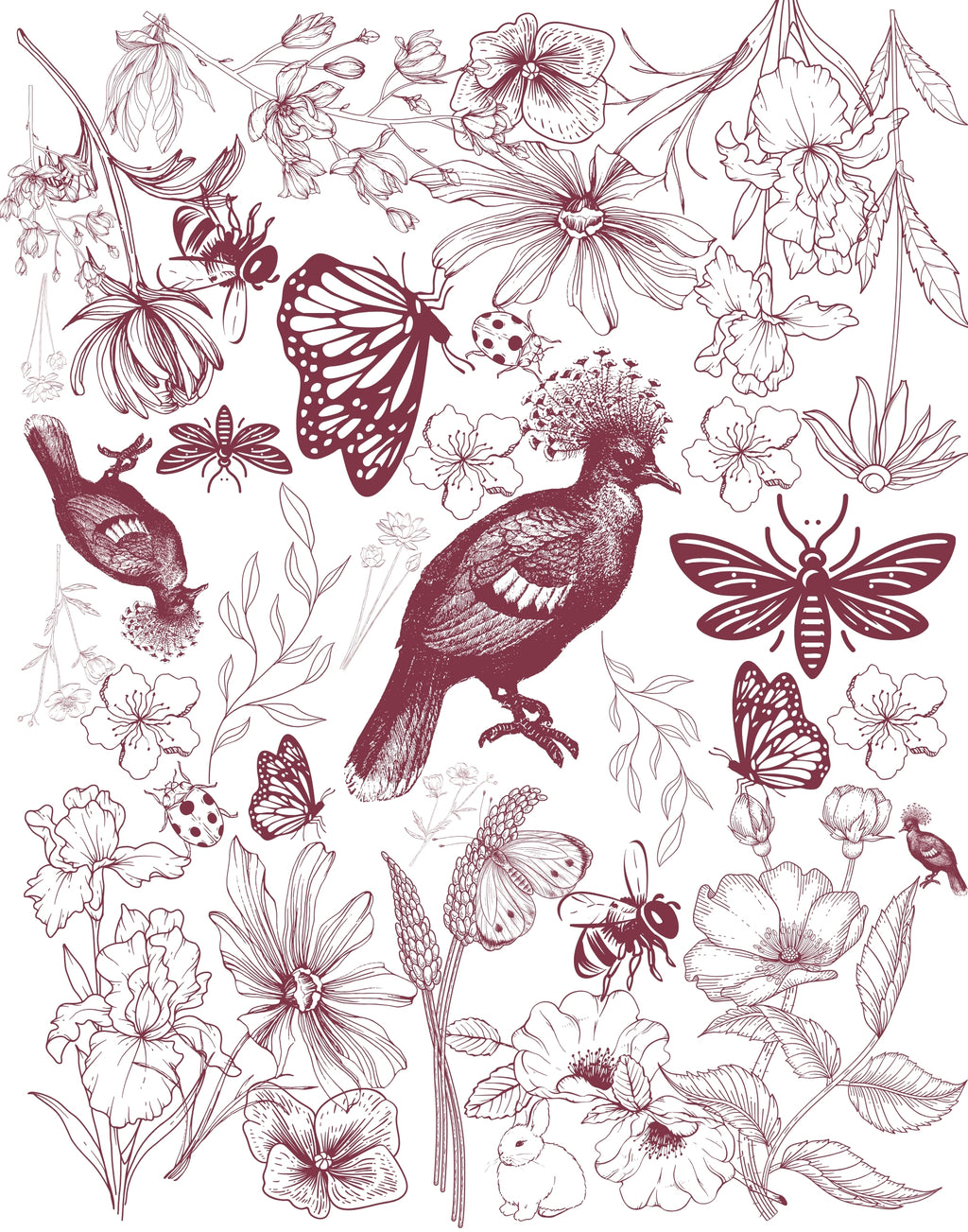 A botanical and insect illustration print featuring detailed line drawings of flowers, butterflies, bees, and birds in a dark burgundy or plum ink style on a white background.