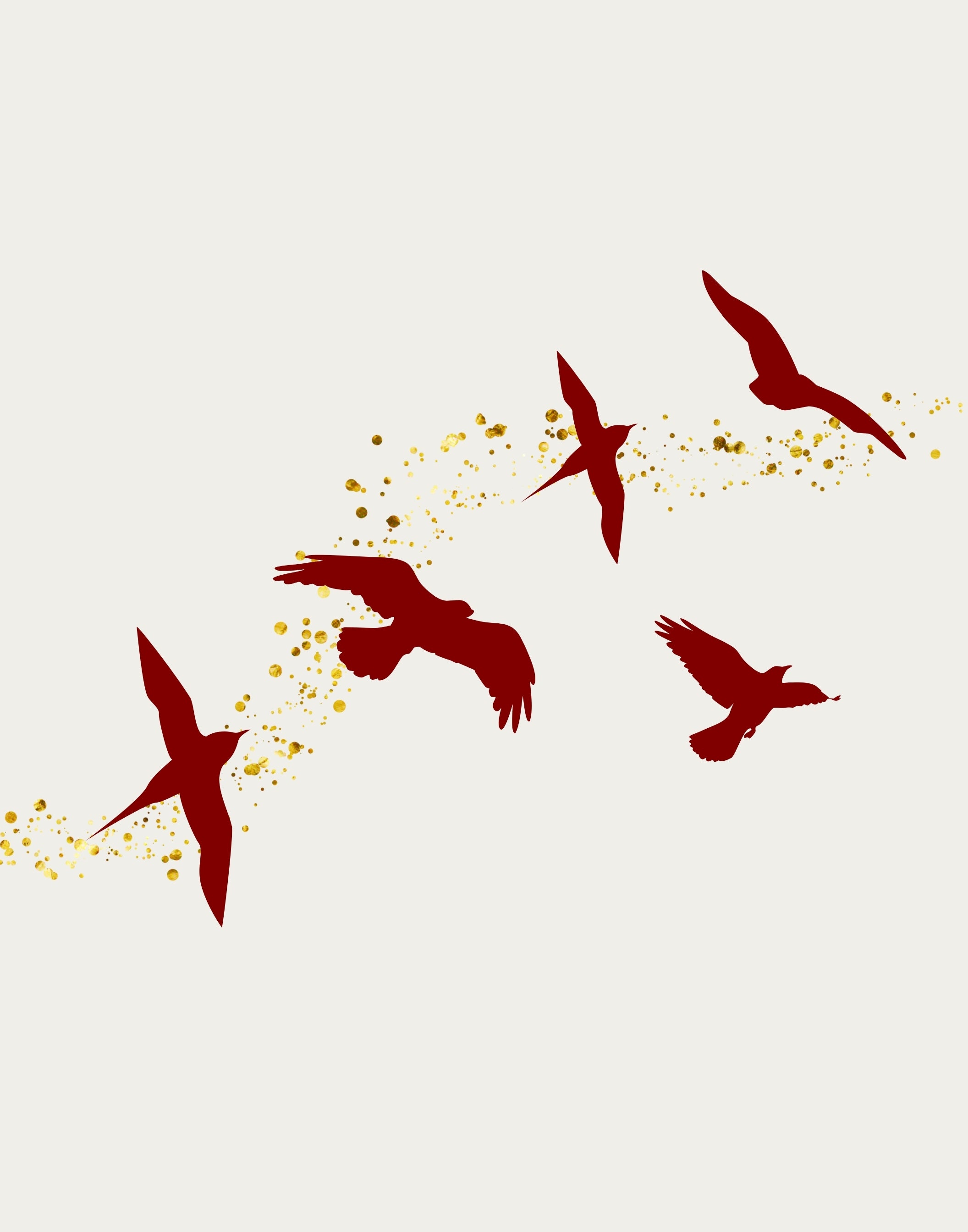 Five dark red bird silhouettes flying diagonally across a light cream background, with scattered gold speckles trailing behind them.