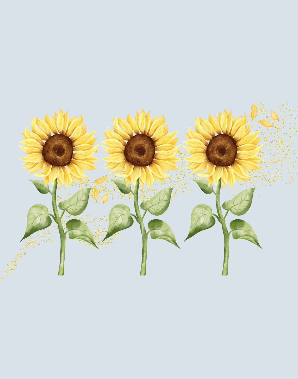 Three watercolor-style sunflowers with yellow petals, brown centers, and green stems on a pale blue background.