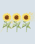 Three watercolor-style sunflowers with yellow petals, brown centers, and green stems on a pale blue background.