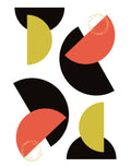 Abstract geometric art print featuring overlapping semi-circles and arcs in black, coral red, mustard yellow, and white.