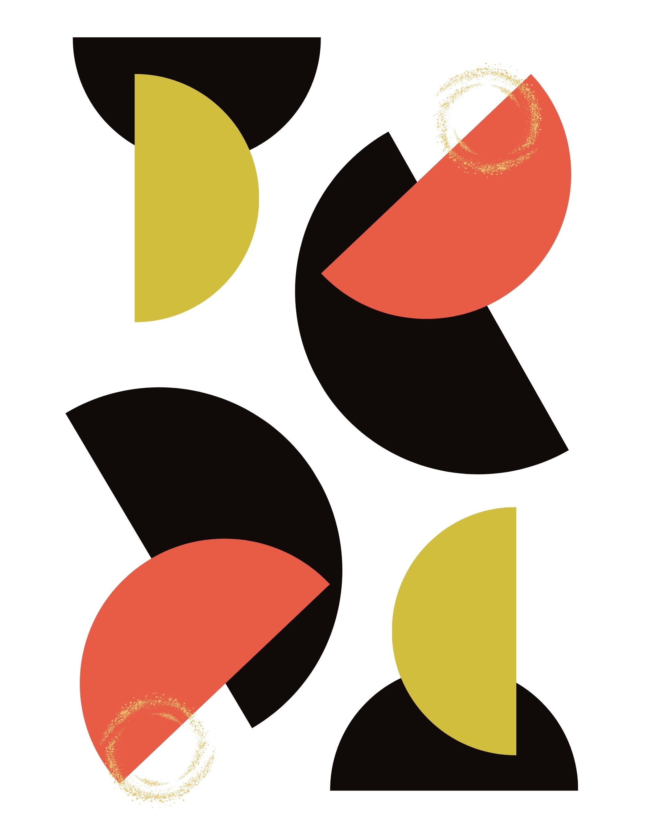 Abstract geometric art print featuring overlapping semi-circles and arcs in black, coral red, mustard yellow, and white.
