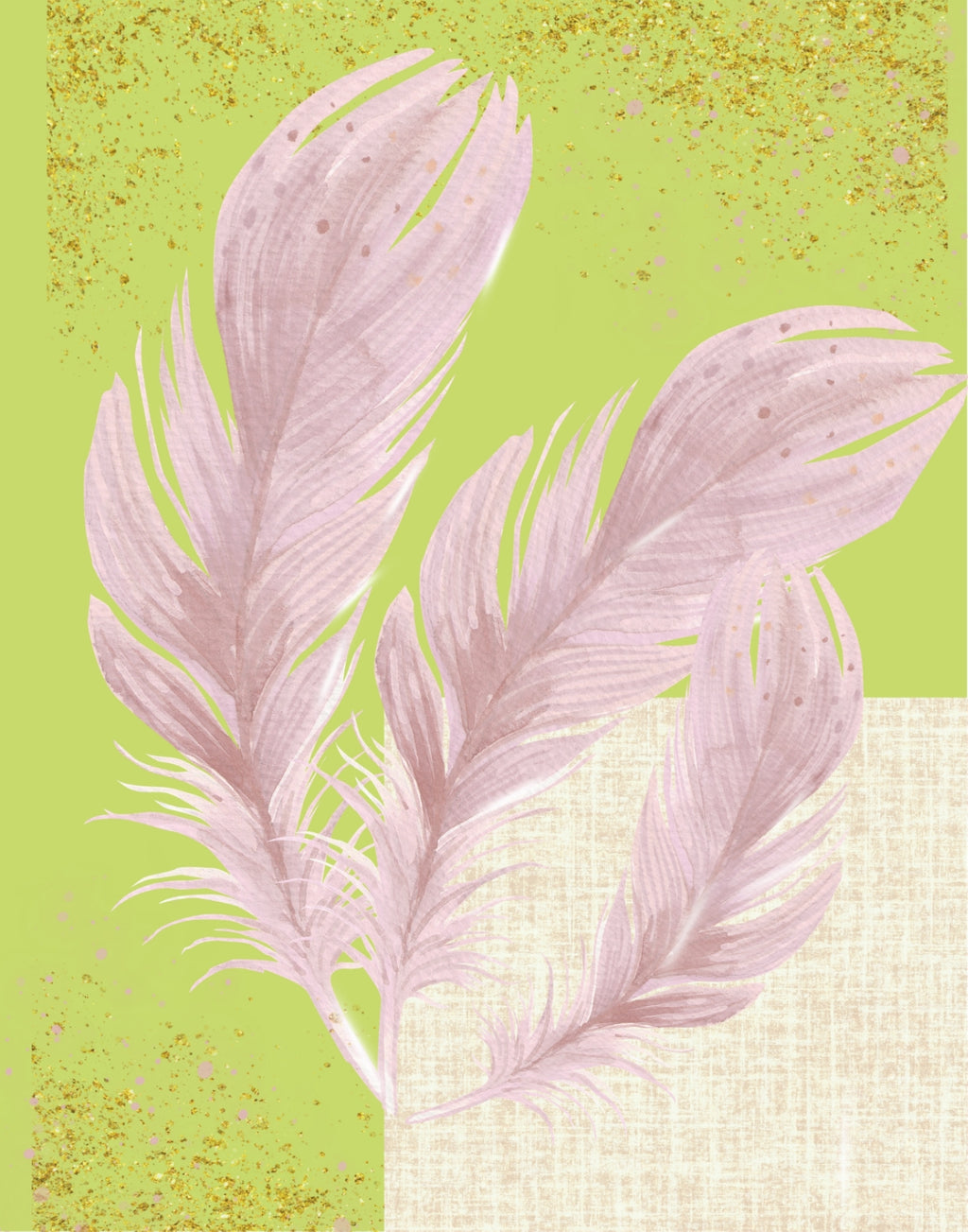 Three pale pink feathers arranged diagonally over a split background, with a bright yellow-green textured upper area and a cream linen-like lower right area with subtle gold speckles.