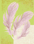 Three pale pink feathers arranged diagonally over a split background, with a bright yellow-green textured upper area and a cream linen-like lower right area with subtle gold speckles.