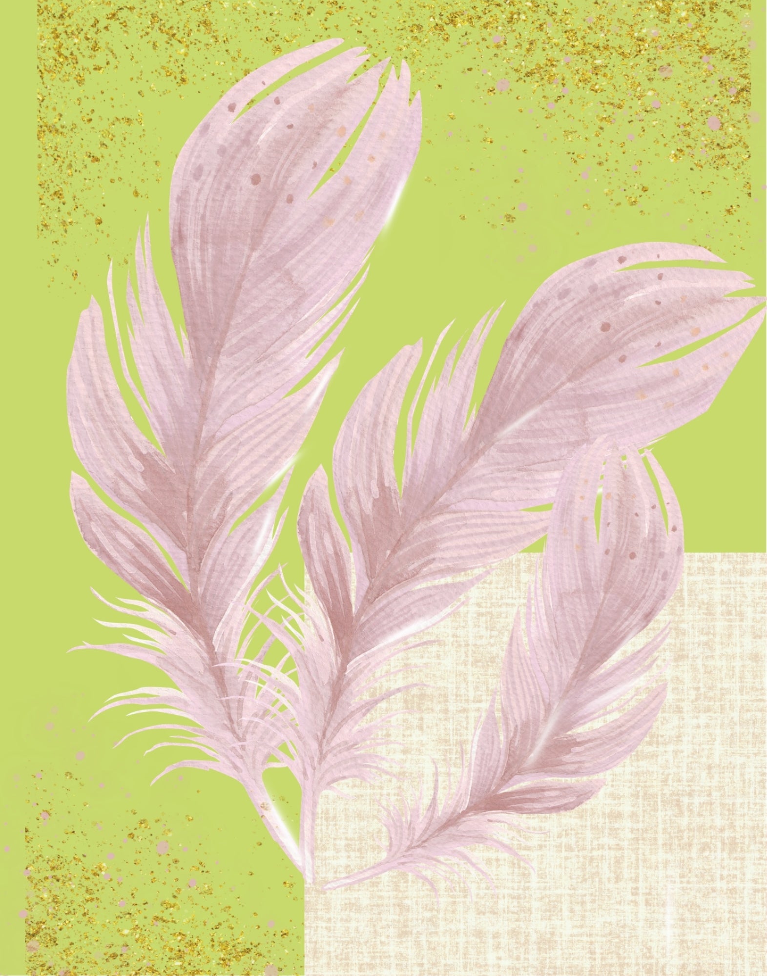 Three pale pink feathers arranged diagonally over a split background, with a bright yellow-green textured upper area and a cream linen-like lower right area with subtle gold speckles.