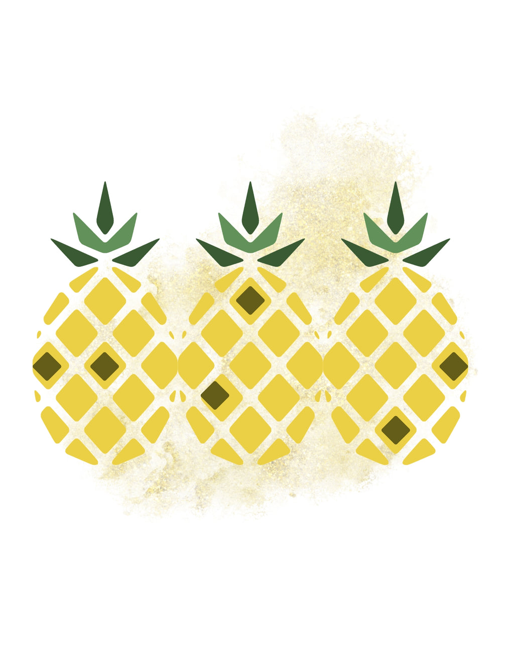 Three stylized yellow pineapples with green leafy tops arranged side by side on a white background with a faint yellow textured wash behind them.