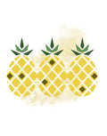 Three stylized yellow pineapples with green leafy tops arranged side by side on a white background with a faint yellow textured wash behind them.