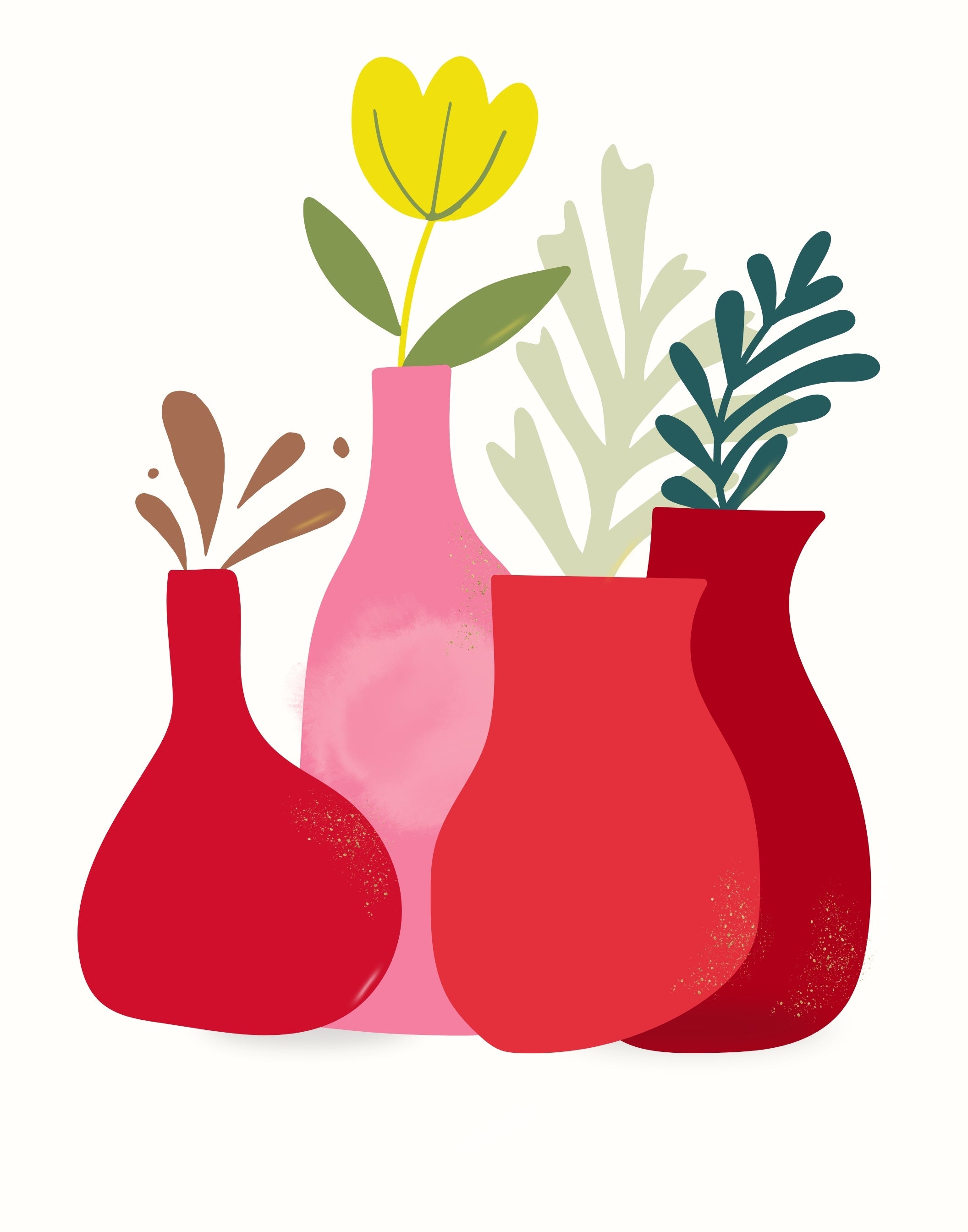 A minimalist vector illustration of three colorful vases with stylized flowers and leaves on a solid white background.
