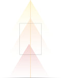 A minimalist graphic with a thin vertical line centered on a white background, overlaid with three soft triangular color fields in pale yellow, peach, and blush pink, plus a thin rectangular outline in the middle.