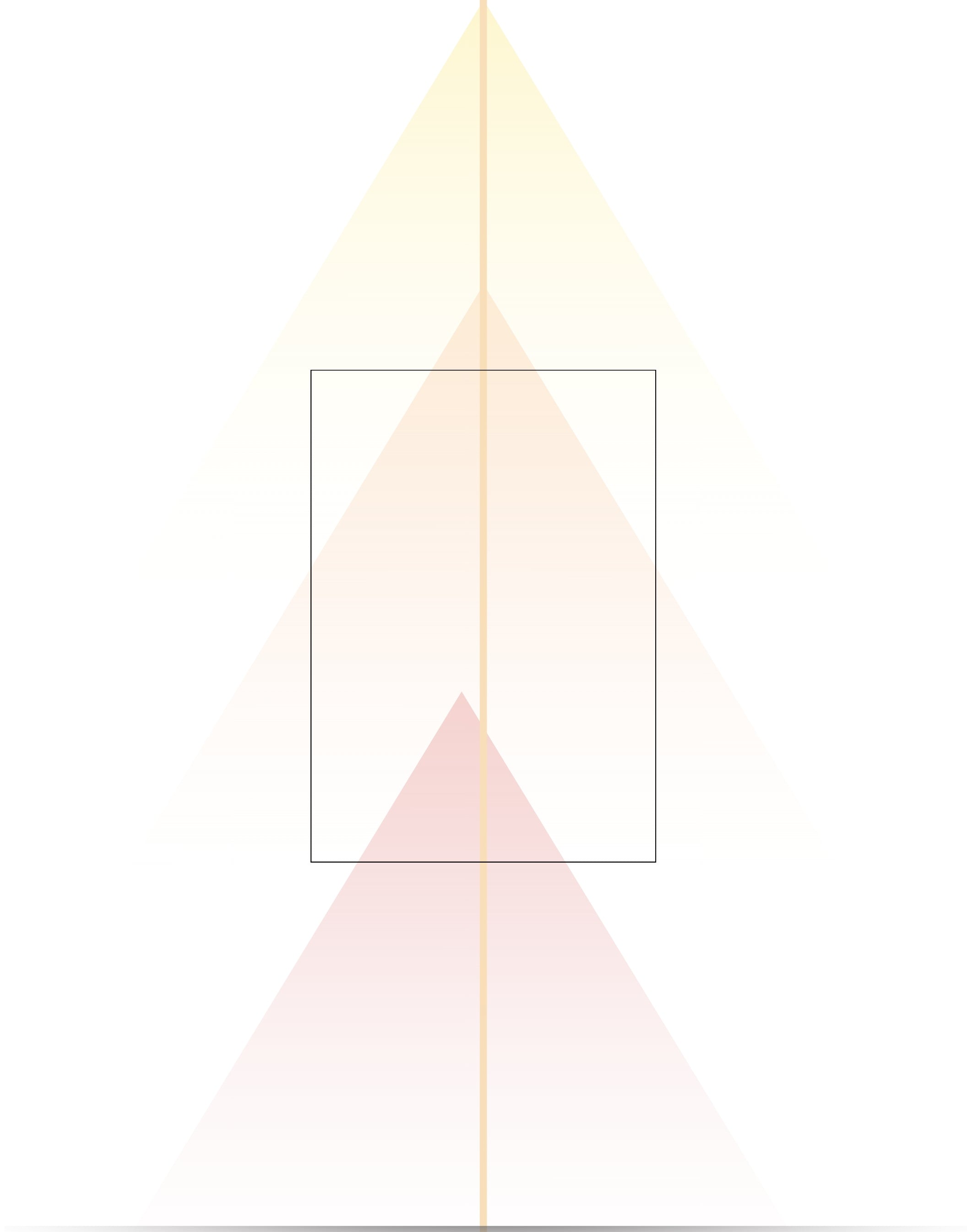 A minimalist graphic with a thin vertical line centered on a white background, overlaid with three soft triangular color fields in pale yellow, peach, and blush pink, plus a thin rectangular outline in the middle.