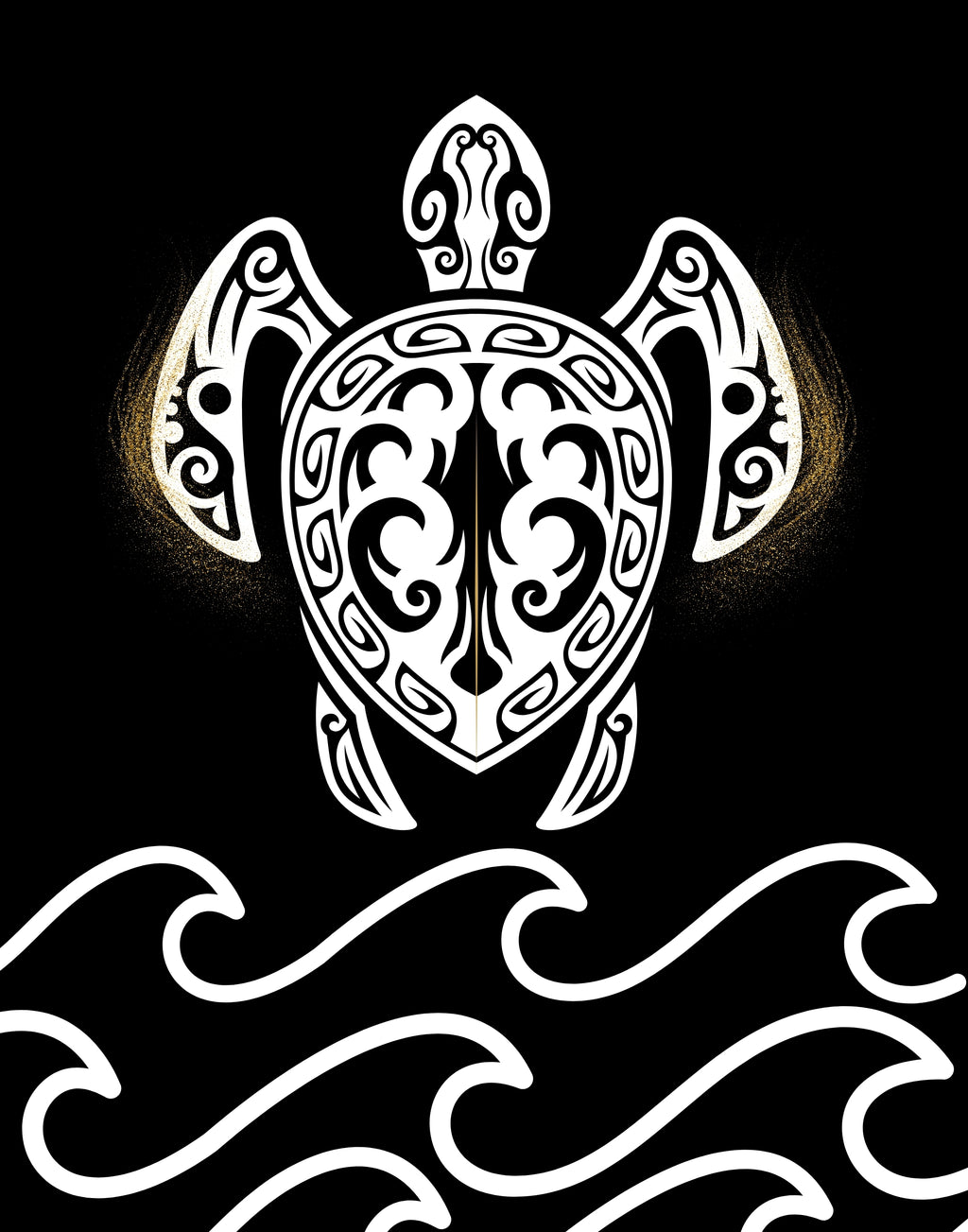 A stylized white sea turtle with Polynesian tribal patterns above white ocean waves on a black background.