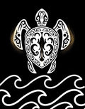A stylized white sea turtle with Polynesian tribal patterns above white ocean waves on a black background.