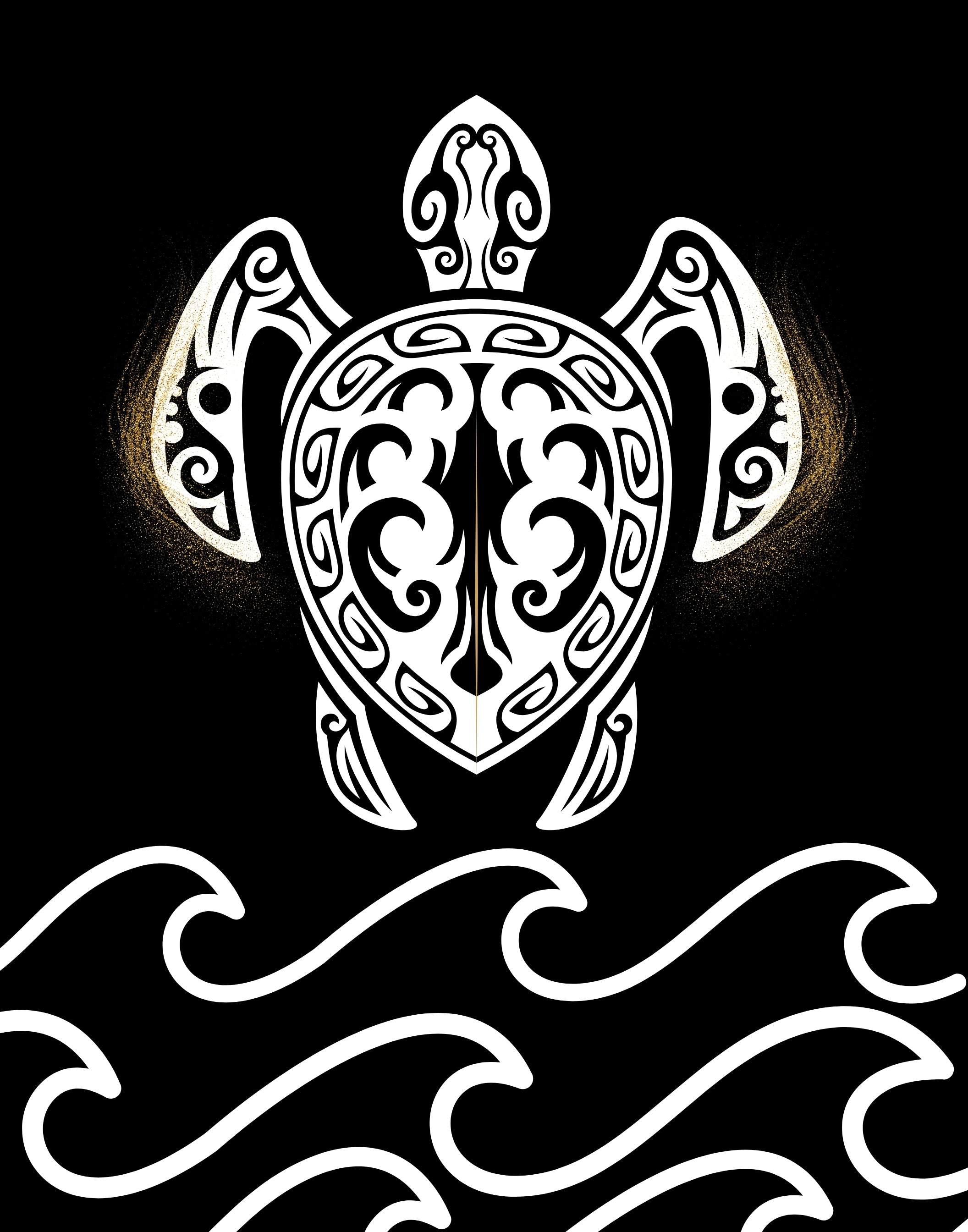 A stylized white sea turtle with Polynesian tribal patterns above white ocean waves on a black background.