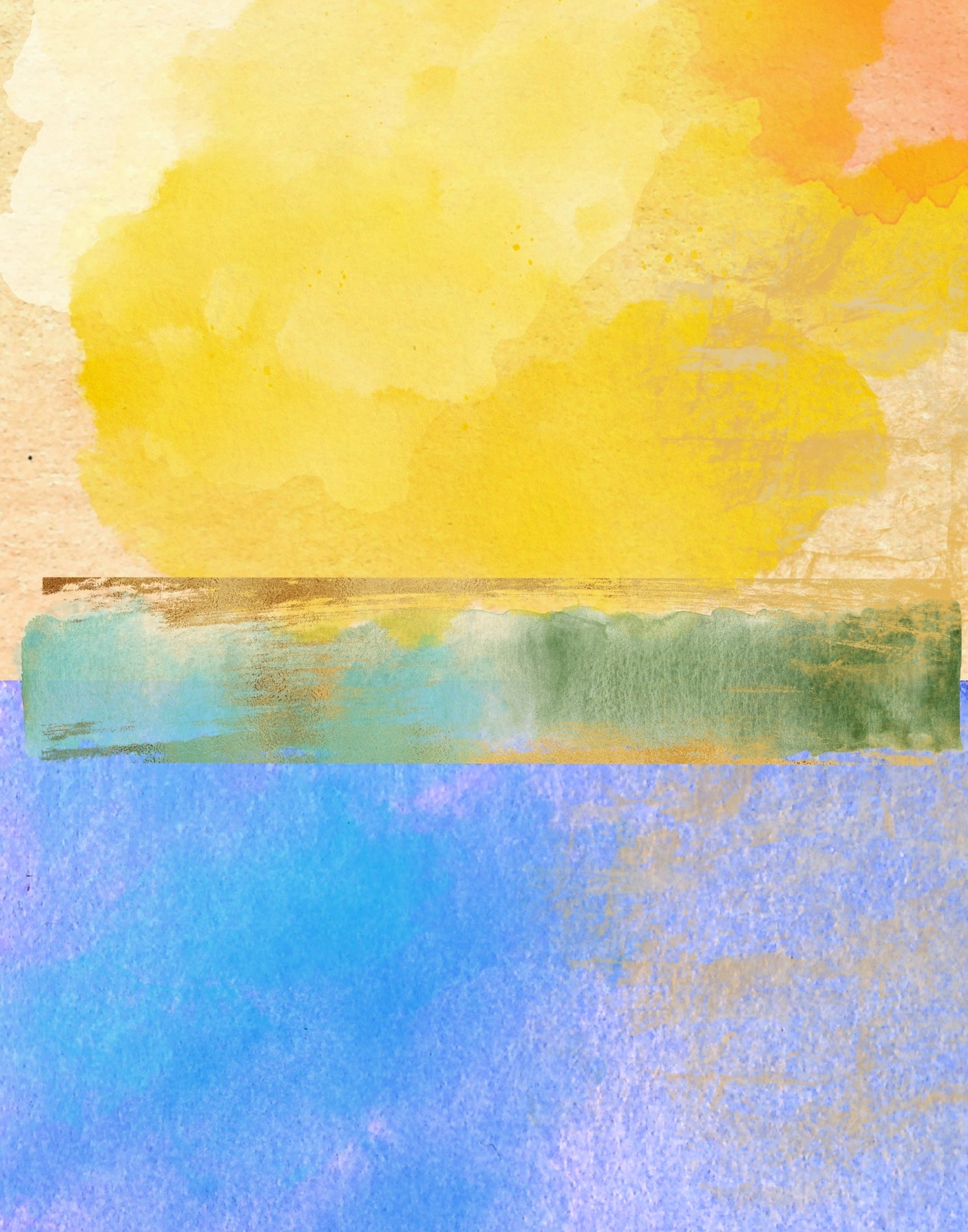 Abstract watercolor painting with a large yellow and orange cloud-like form in the upper half, a horizontal band of green and blue across the middle, and a blue lower section on textured paper.