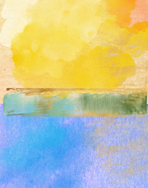 Abstract watercolor painting with a large yellow and orange cloud-like form in the upper half, a horizontal band of green and blue across the middle, and a blue lower section on textured paper.