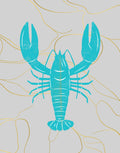A stylized turquoise lobster illustration centered on a light gray background with thin gold abstract line details.