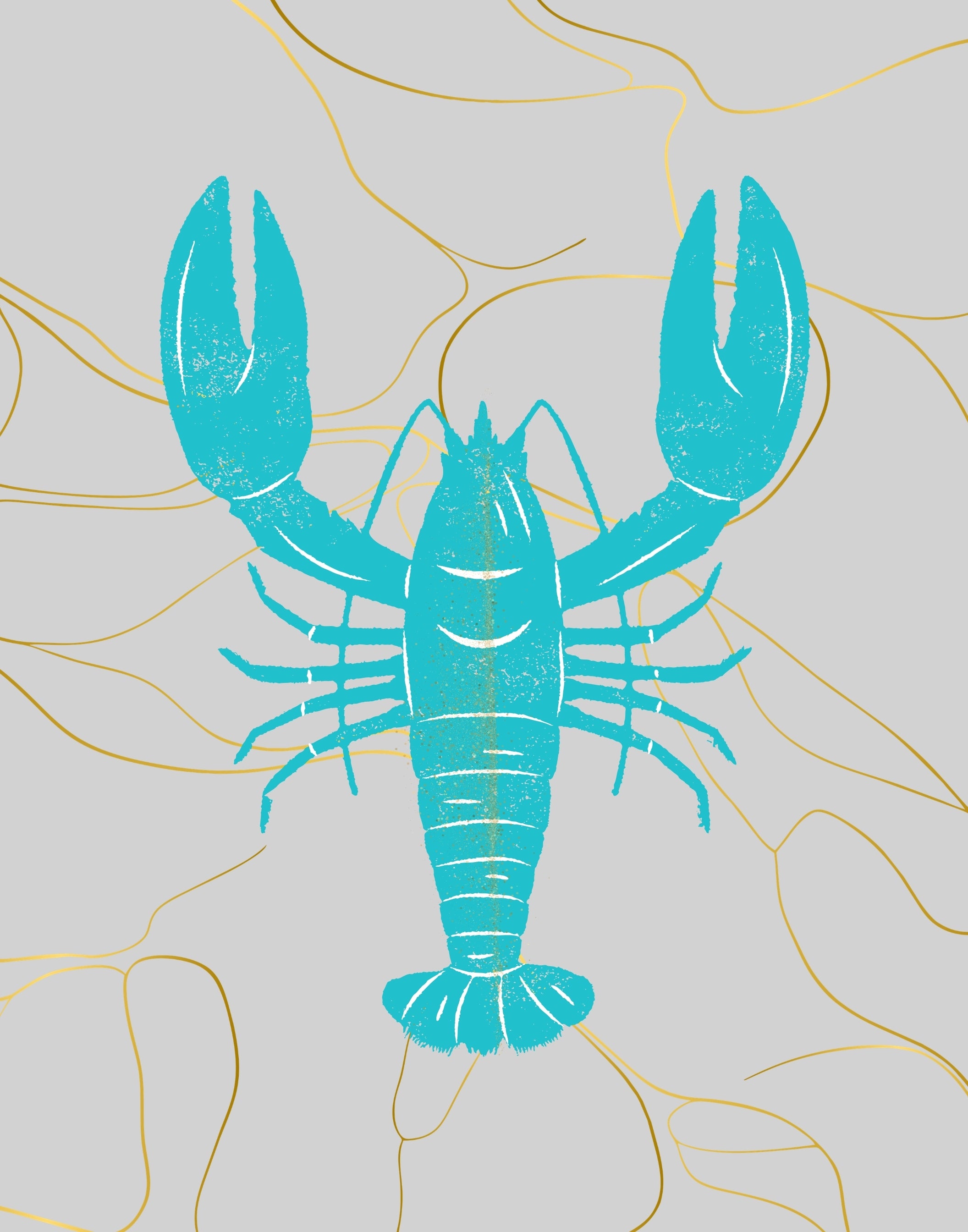 A stylized turquoise lobster illustration centered on a light gray background with thin gold abstract line details.