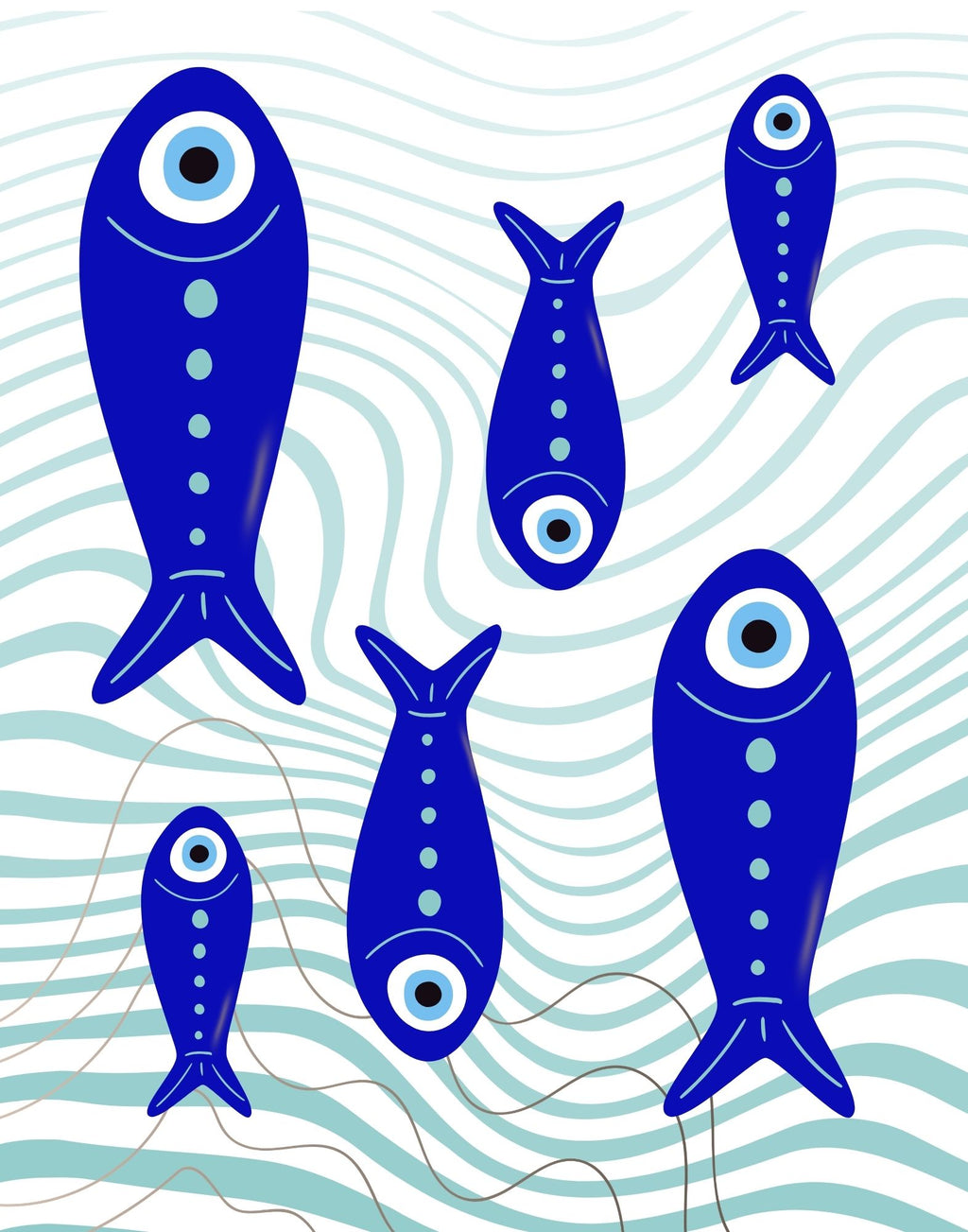 A stylized illustration of six blue fish with white and black eyes on a white background with light blue wavy lines.