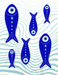 A stylized illustration of six blue fish with white and black eyes on a white background with light blue wavy lines.