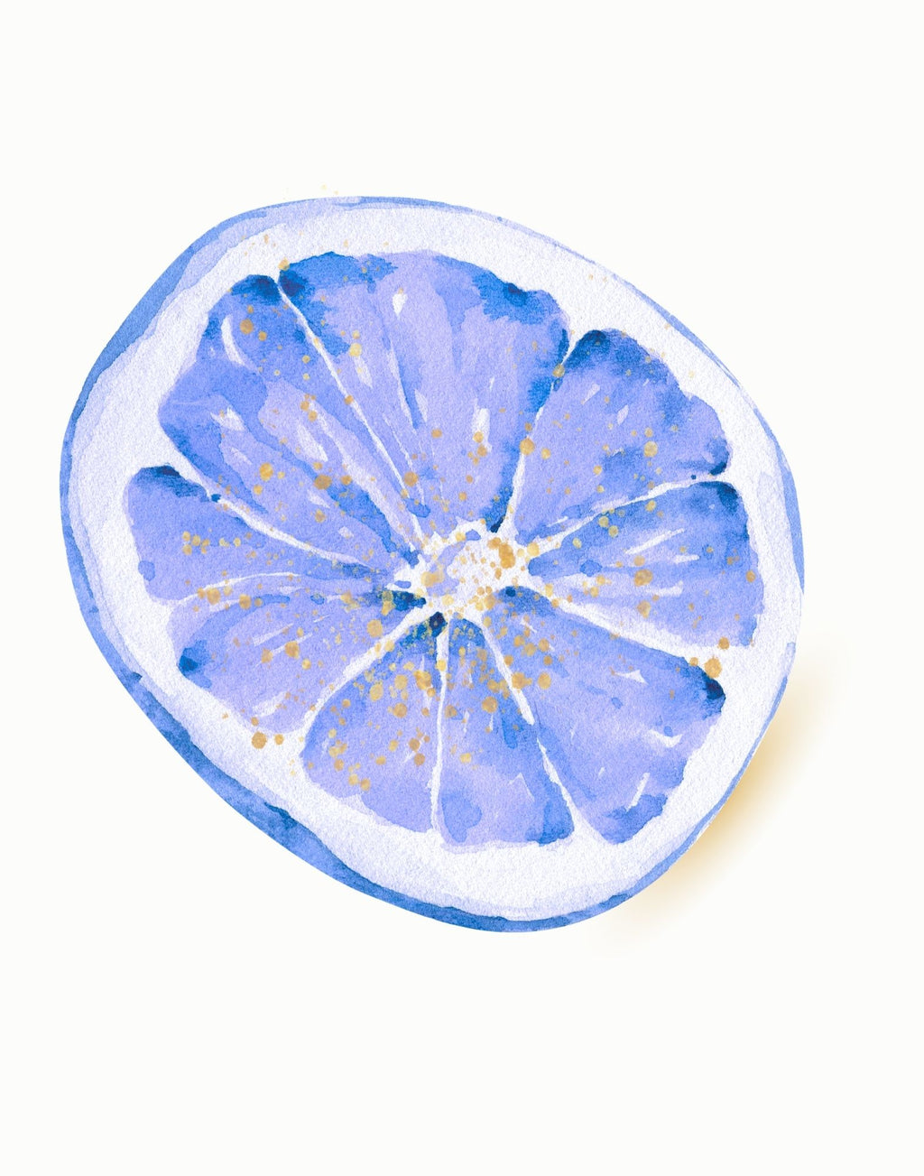 Watercolor illustration of a sliced citrus fruit, likely a lemon or lime, with blue and purple tones and small gold speckles, centered on a plain off-white background.