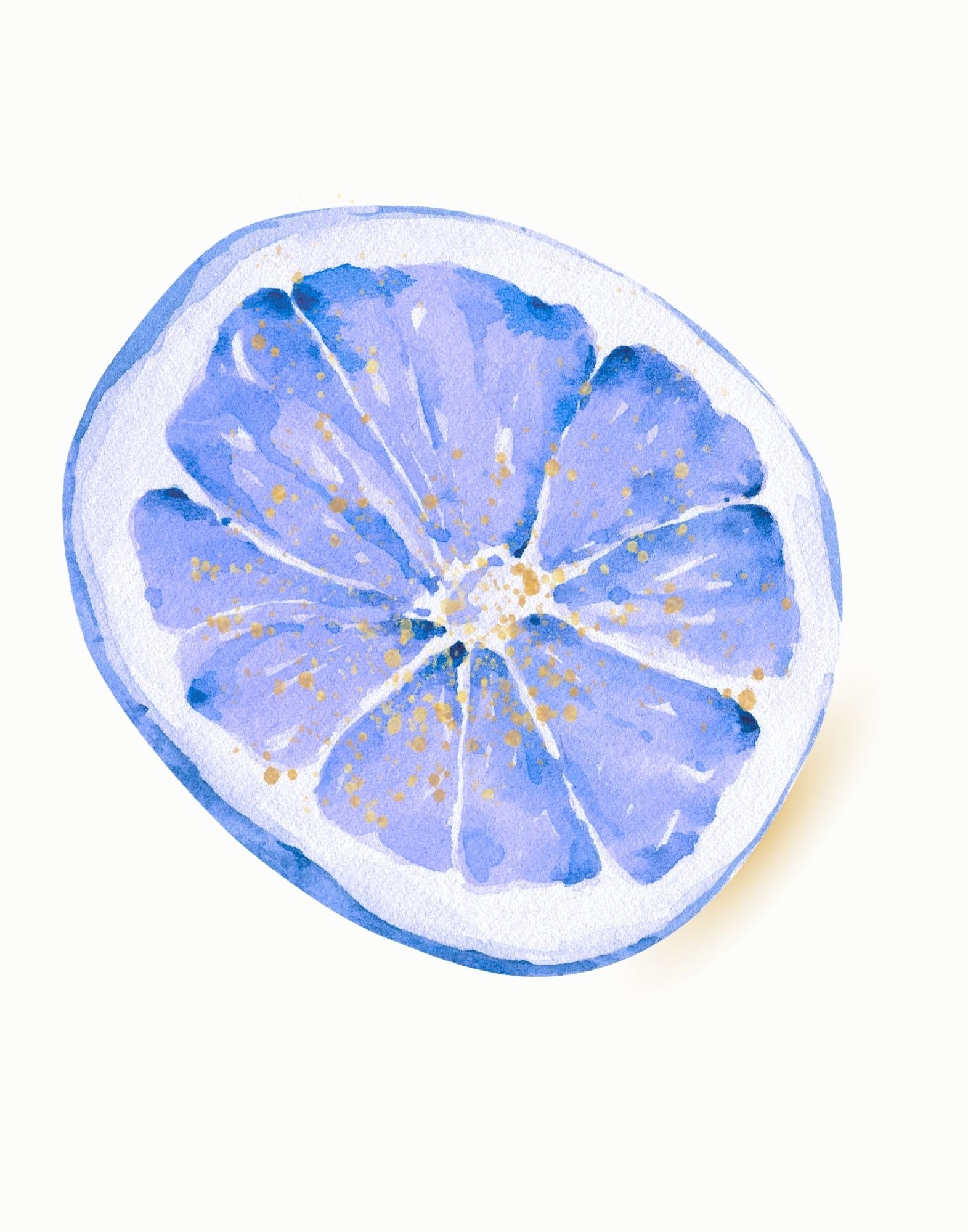Watercolor illustration of a sliced citrus fruit, likely a lemon or lime, with blue and purple tones and small gold speckles, centered on a plain off-white background.