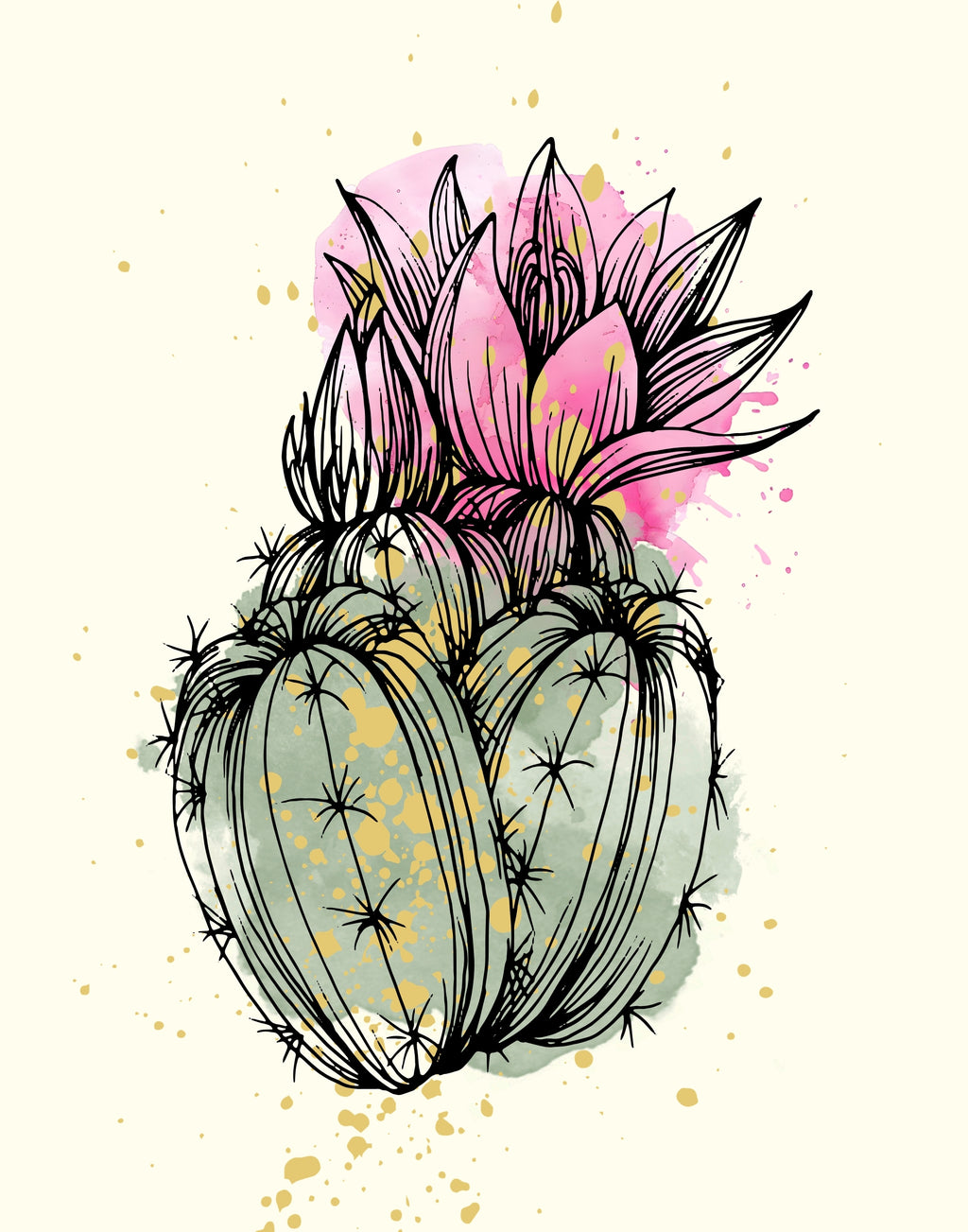 A stylized botanical illustration of a cactus with pink flowers, rendered in black linework with pink, green, and gold watercolor accents on a cream background.