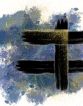Abstract wall art featuring a black brush-stroke cross on a textured background of blue, purple, and white with gold glitter and paint splatters.