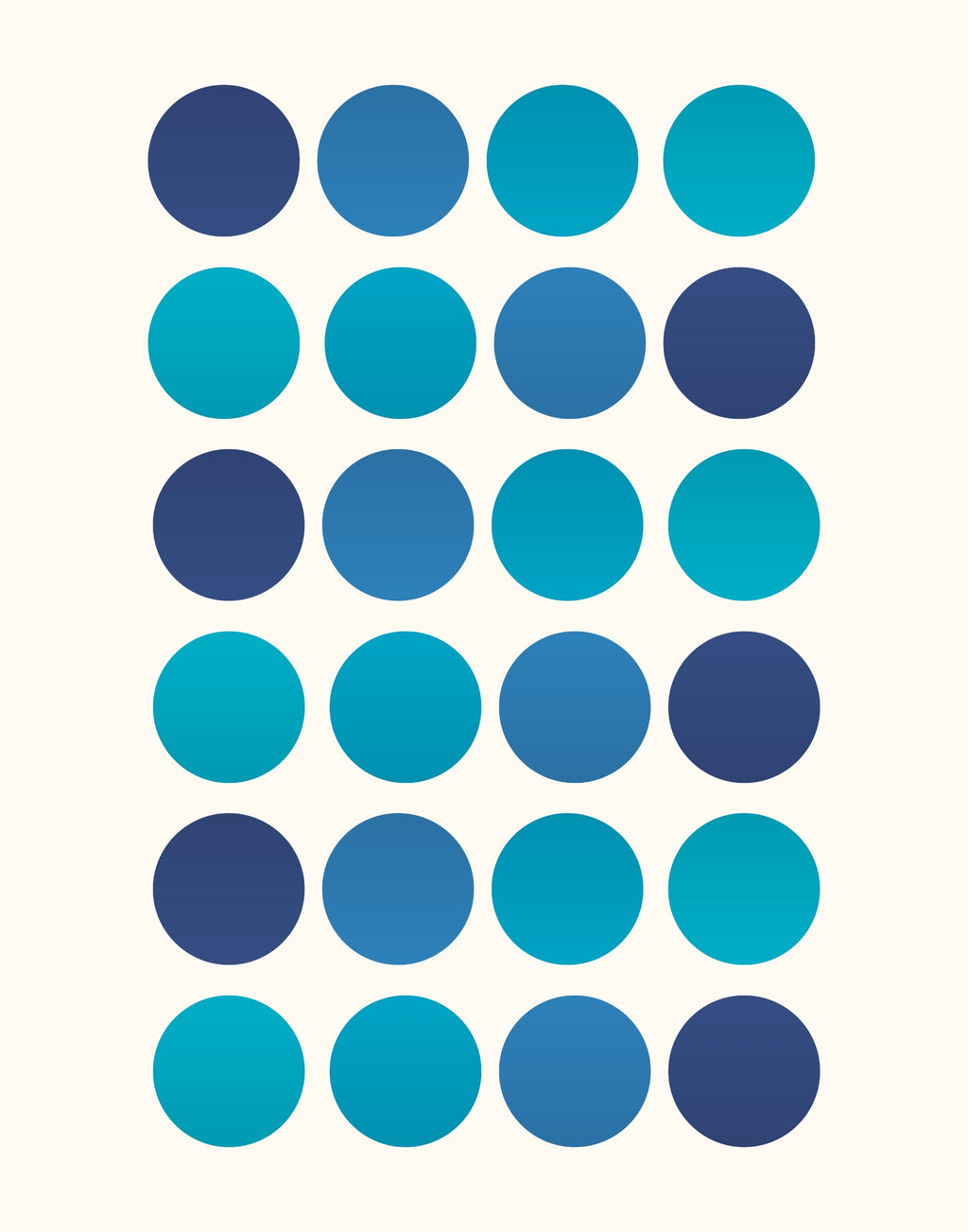 A grid of 30 circular dots in various shades of blue, cyan, and navy, arranged in six rows of five on a light cream background.