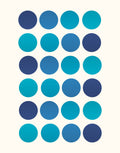 A grid of 30 circular dots in various shades of blue, cyan, and navy, arranged in six rows of five on a light cream background.