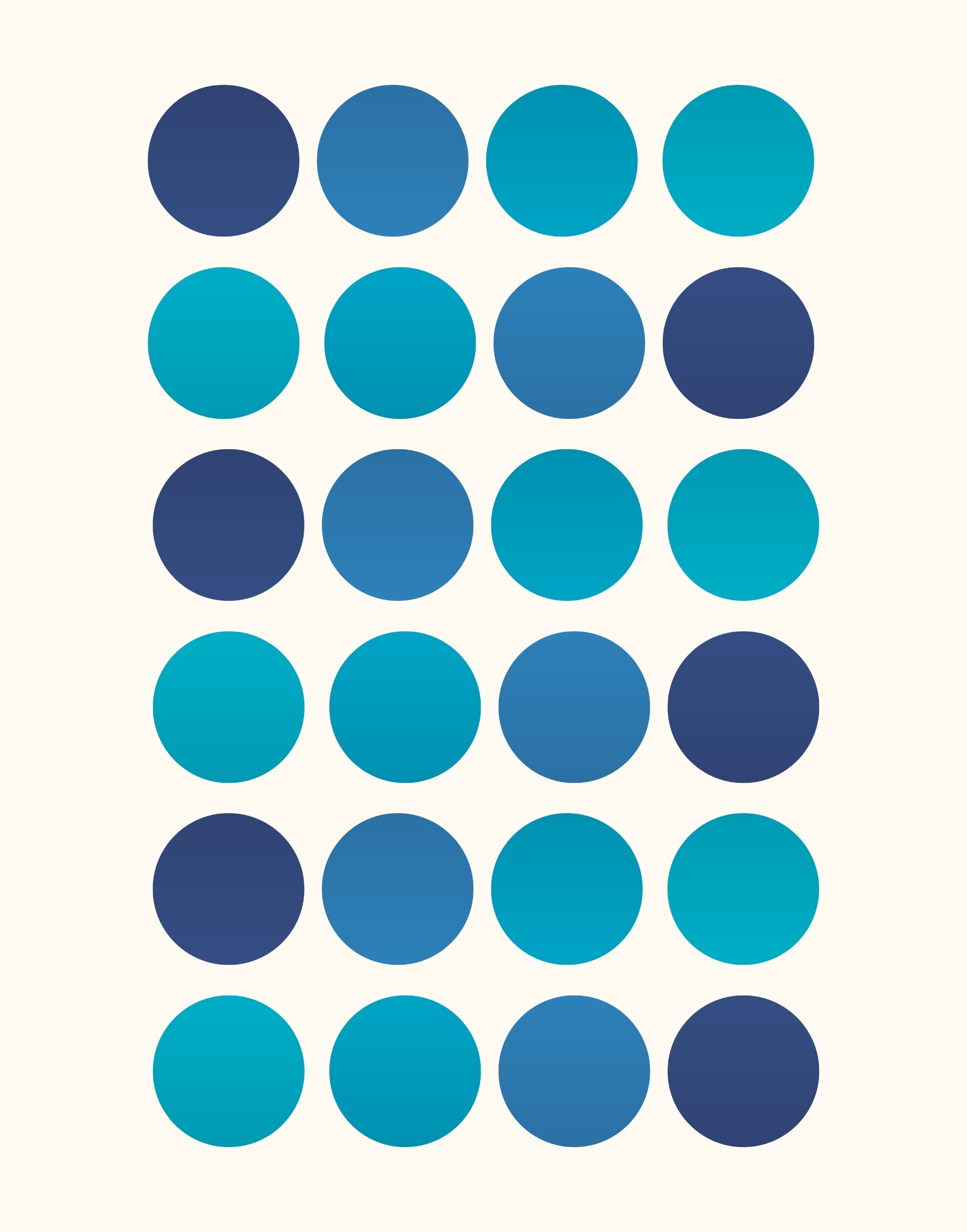 A grid of 30 circular dots in various shades of blue, cyan, and navy, arranged in six rows of five on a light cream background.