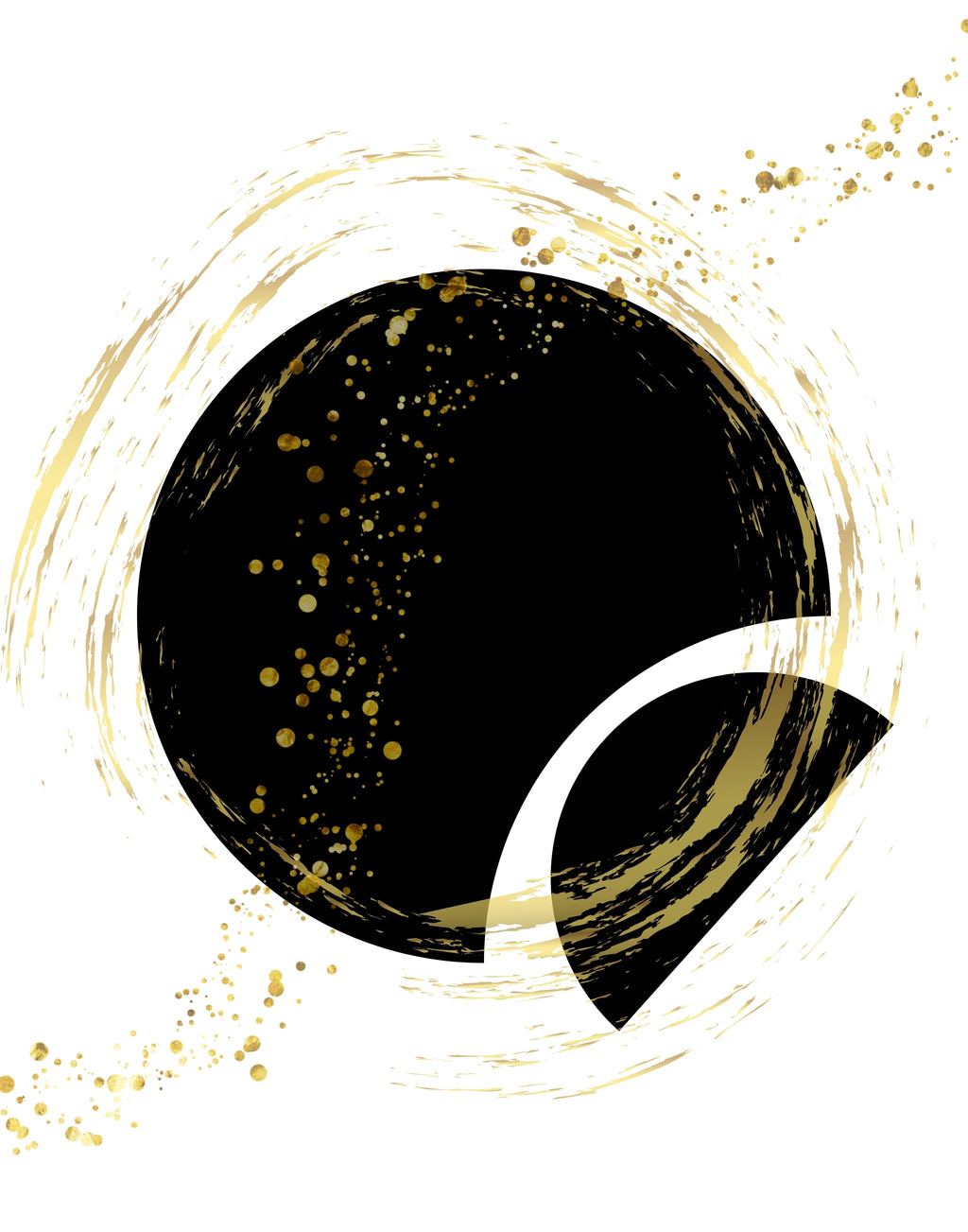 Abstract black and gold graphic design featuring a large textured black circle with gold glitter-like speckles, a curved white shape, and gold brushstroke rings on a white background.