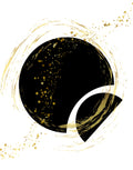 Abstract black and gold graphic design featuring a large textured black circle with gold glitter-like speckles, a curved white shape, and gold brushstroke rings on a white background.