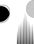 Abstract black geometric shapes on a white background, including a solid black semicircle, concentric circular lines, and vertical tapering spikes.