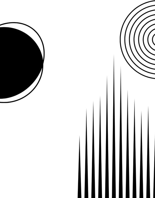 Abstract black geometric shapes on a white background, including a solid black semicircle, concentric circular lines, and vertical tapering spikes.